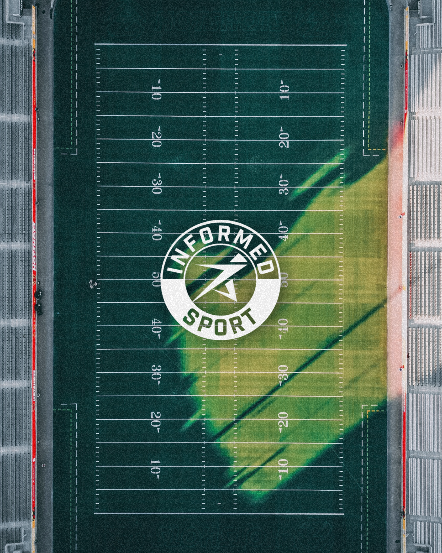 overhead shot of football field with informed sport logo